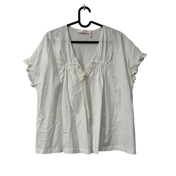 See by Chloe White Powder Drawstring Ruched Vneck Ruffle Trim Tshirt Size Large - Picture 1 of 7